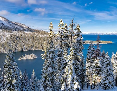 A scenic winter landscape featuring snow-covered trees overlooking a clear blue lake, with an island in the middle and snowy mountains in the background.